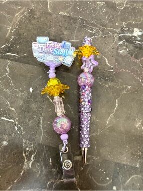 Purple Front Desk Staff Rhinestone Beaded Pen and Matching Badge Reel Handmade